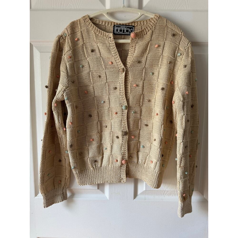 Berek Hand Knit Vintage 80s 90s Cotton Cardigan Pom Pom Sweater Size M Whimsical